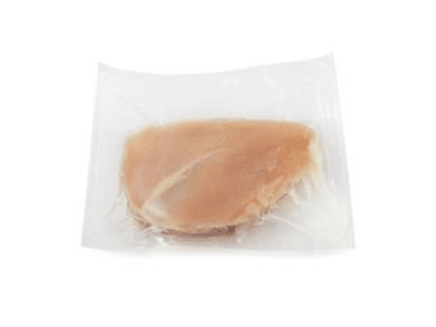 Raw shrink-wrapped chicken breast